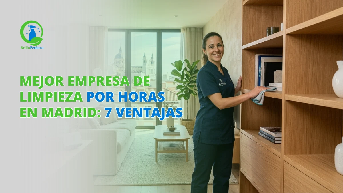 Una chica uniformada realizando la limpieza en un salón luminoso de una vivienda en Madrid