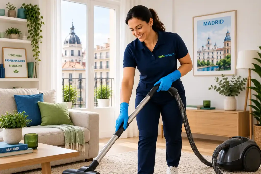 Una chica uniformada aspirando un salón de una vivienda dando un servicio de limpieza por horas en Madrid